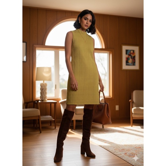 Sharagano Womens Dress Size 10 Yellow Textured Mock Neck Sleeveless Sheath